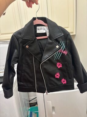 Girls' Black Faux Leather Moto Jacket with Pink Paw Accents